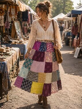 Bohemian Patchwork Maxi Skirt - Multicolor